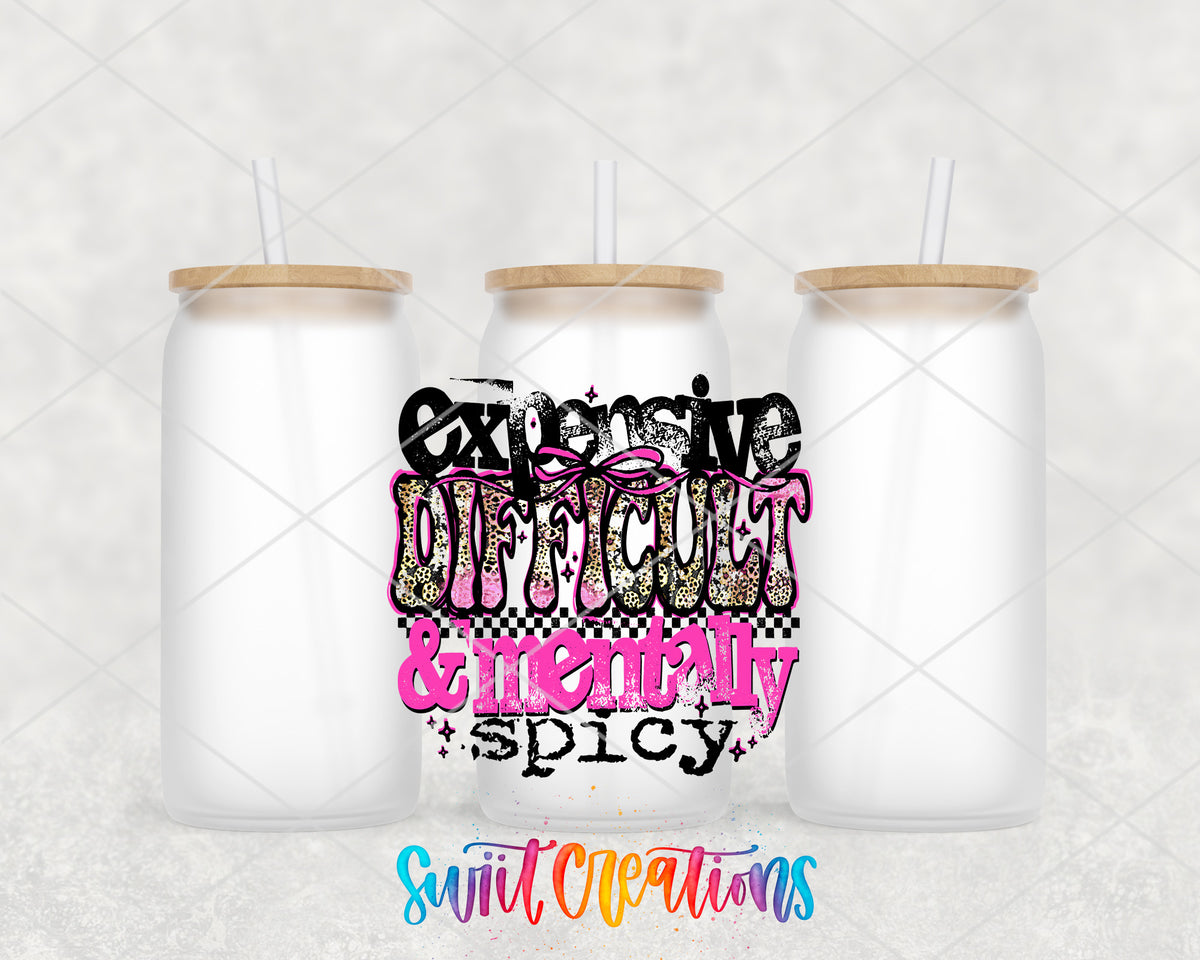 Expensive Difficult and Mentally Spicy frosted glass tumbler group view with lids and straws