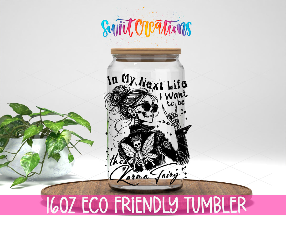 Karma Fairy design on a 16 oz clear glass tumbler with bamboo lid