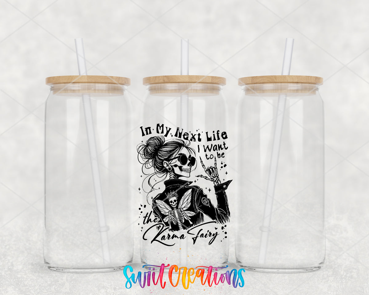 Karma Fairy clear glass tumbler group mockup with bamboo lids and straws