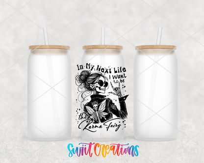 Karma Fairy frosted glass tumbler group view with lids and straws