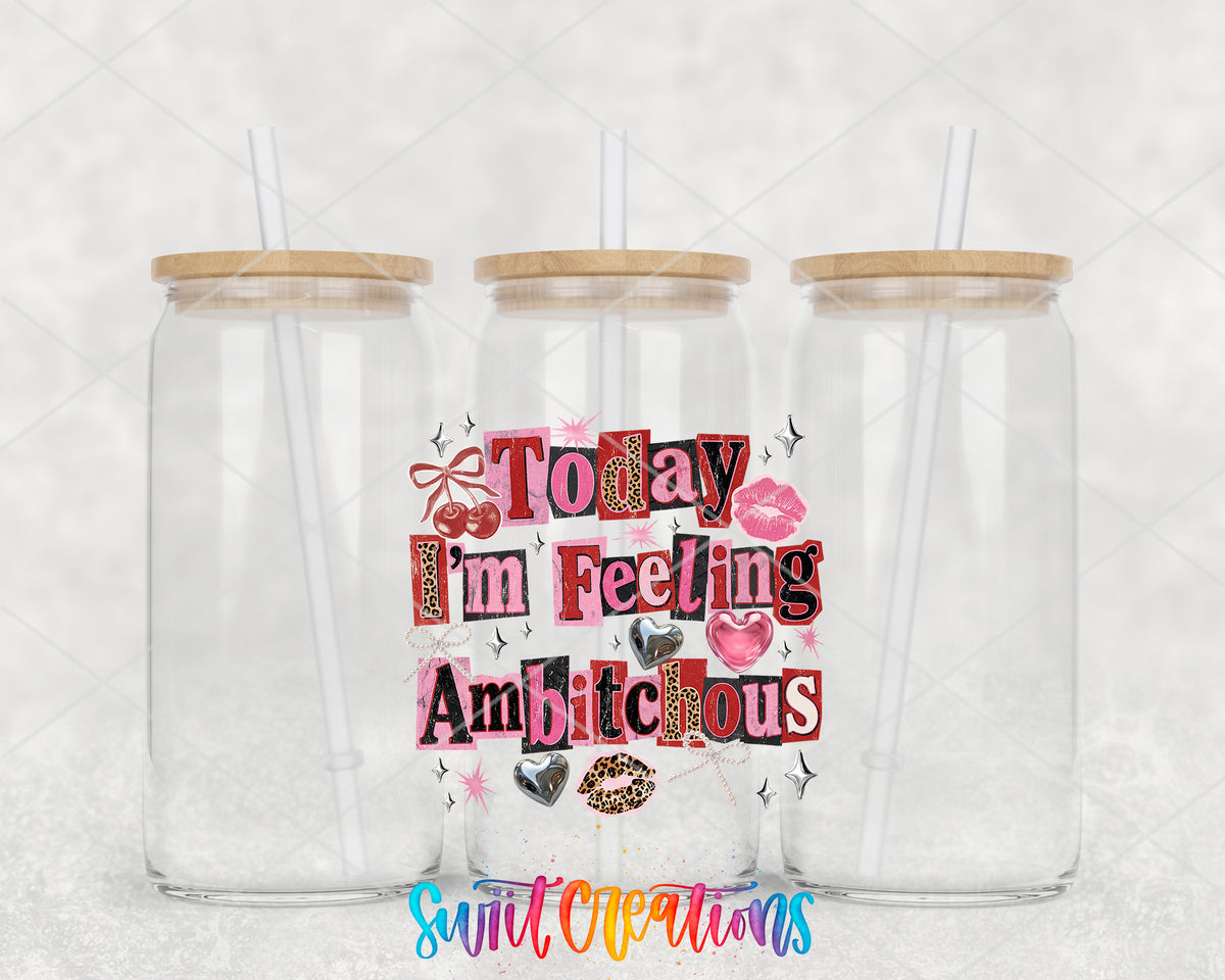 I'm Feeling Ambitchous clear glass tumbler group mockup with bamboo lids and straws