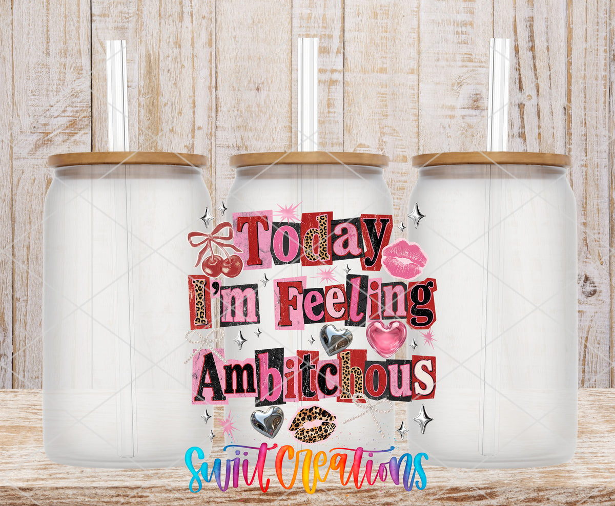 I'm Feeling Ambitchous frosted glass tumbler mockup with bamboo lids and straws