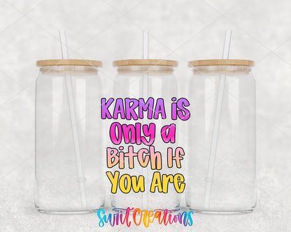 Karma Is a Bitch clear glass tumbler group mockup with bamboo lids and straws