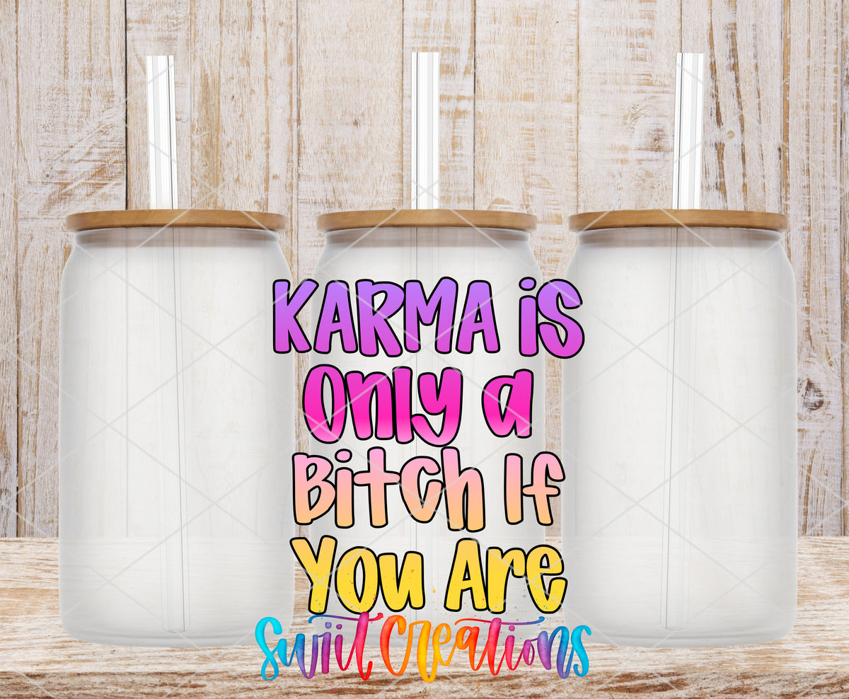 Karma Is a Bitch frosted glass tumbler mockup with bamboo lids and straws