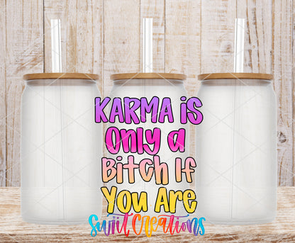 Karma Is a Bitch frosted glass tumbler mockup with bamboo lids and straws