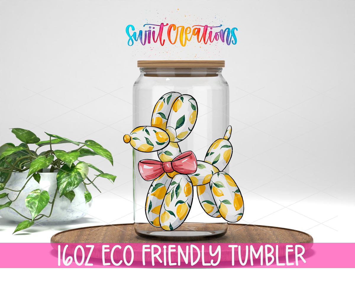 Lemon Balloon Dog design on a 16 oz clear glass tumbler with bamboo lid