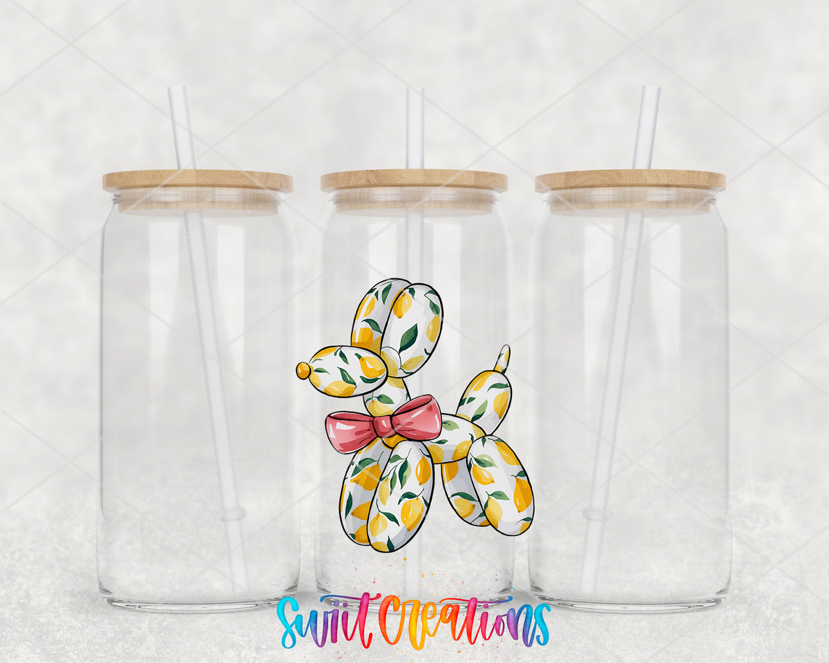 Lemon Balloon Dog clear glass tumbler group mockup with bamboo lids and straws