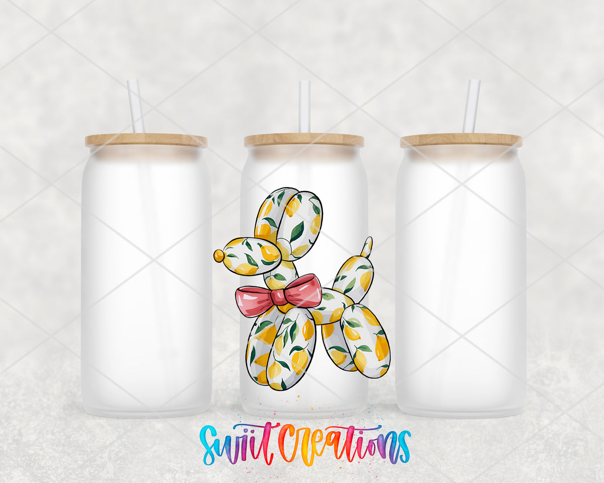 Lemon Balloon Dog frosted glass tumbler group view with lids and straws