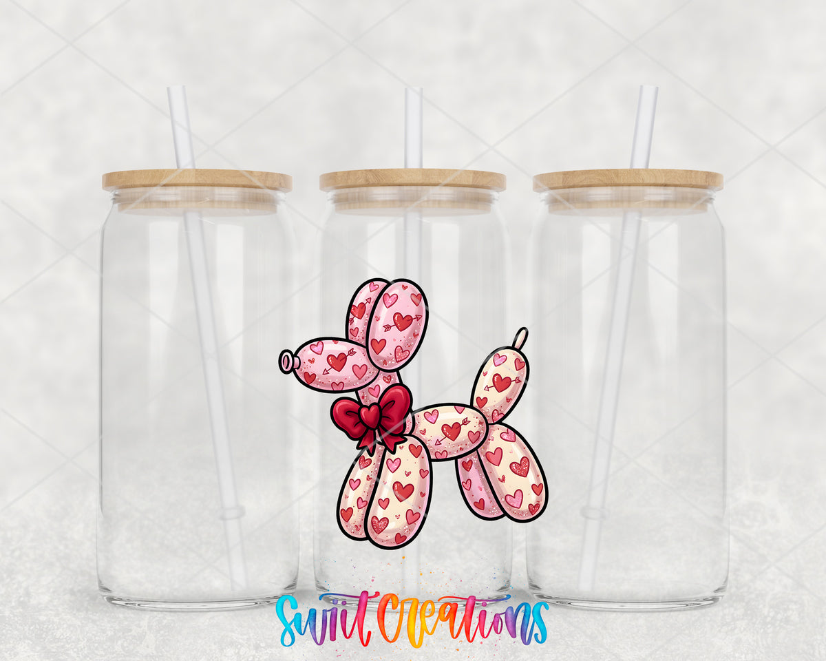 Valentine Balloon Dog clear glass tumbler group mockup with bamboo lids and straws