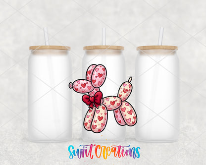 Valentine Balloon Dog frosted glass tumbler group view with lids and straws