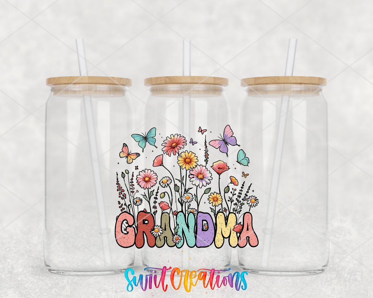 Floral Grandma clear glass tumbler group mockup with bamboo lids and straws