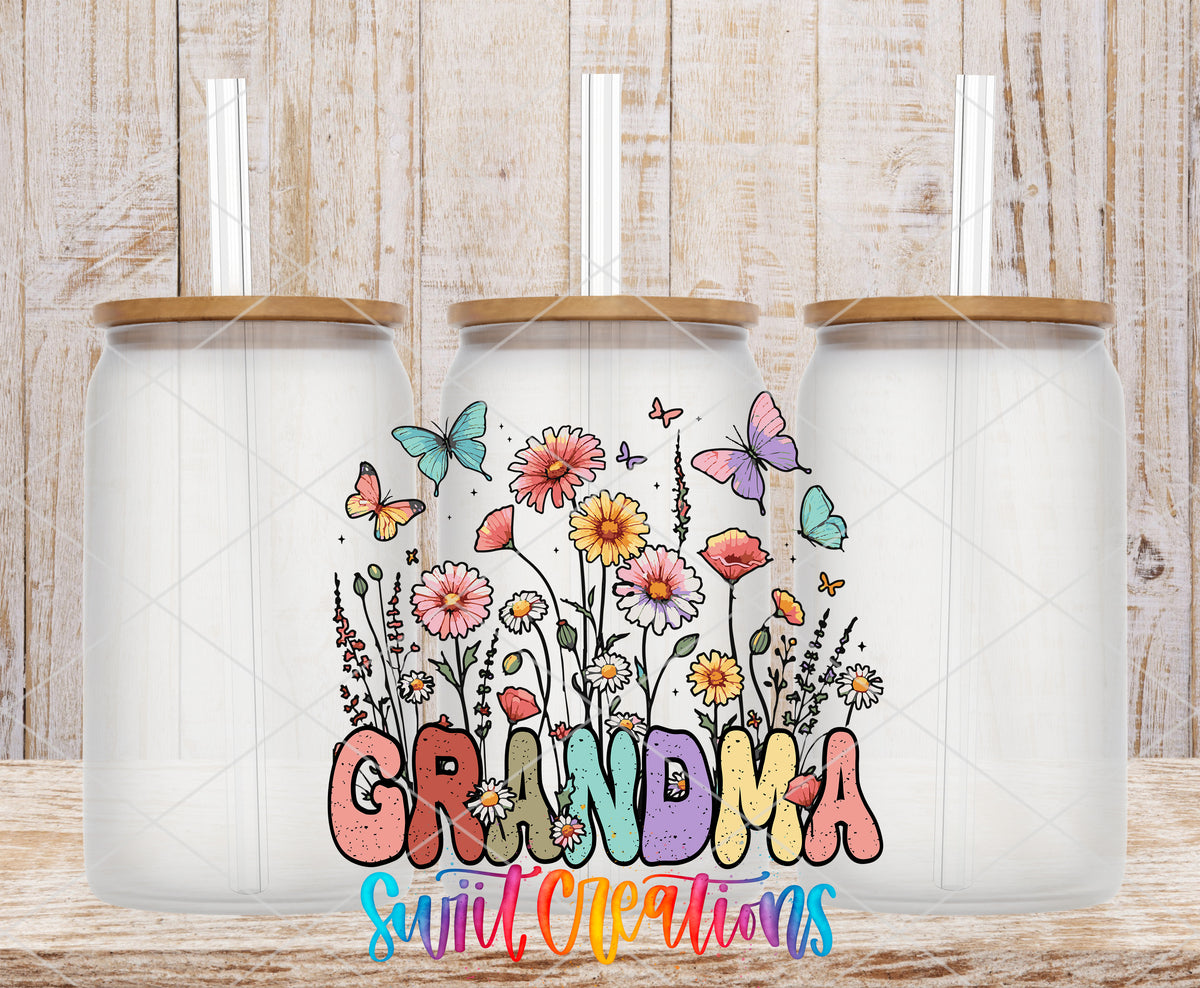 Floral Grandma frosted glass tumbler mockup with bamboo lids and straws