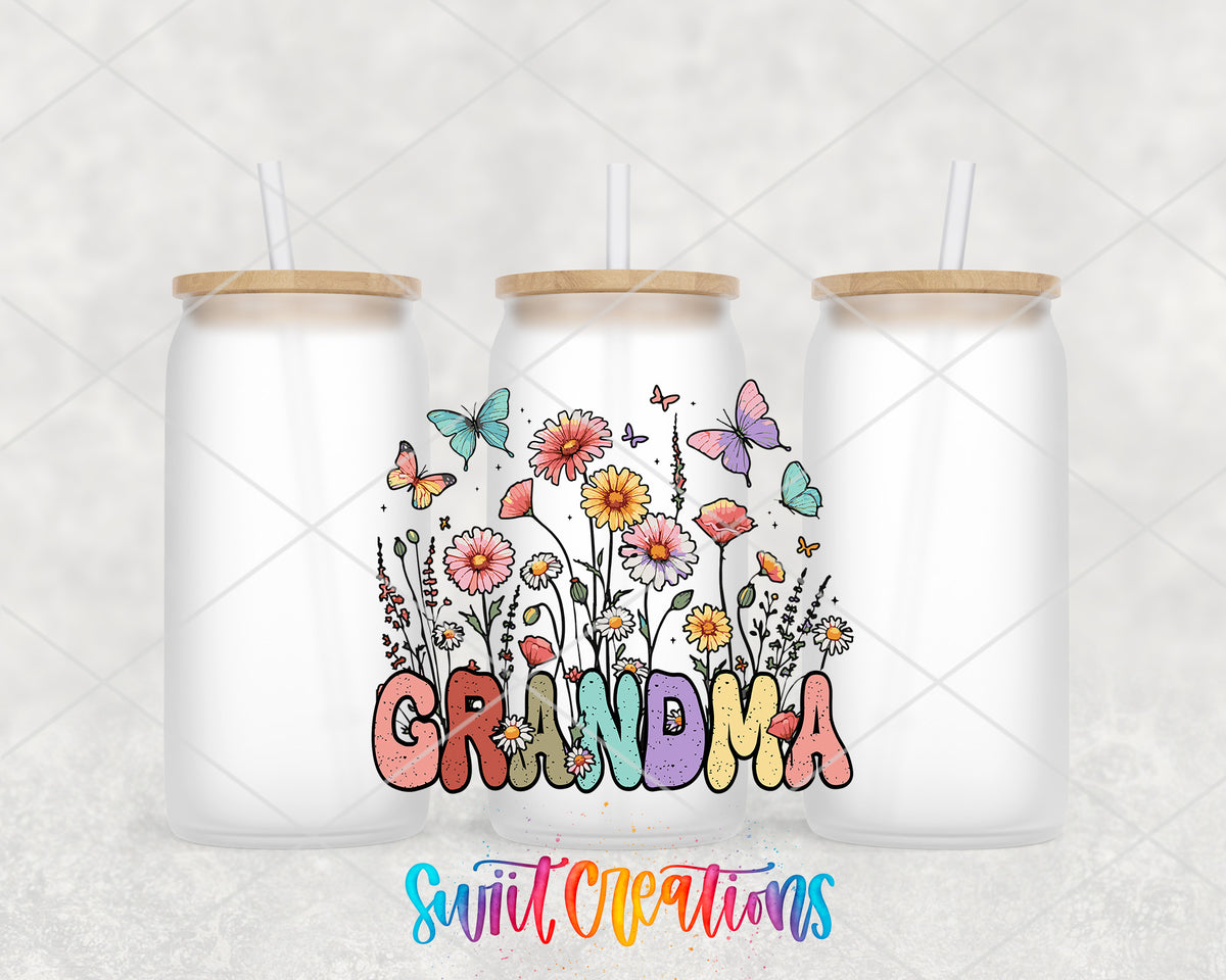 Floral Grandma frosted glass tumbler group view with lids and straws