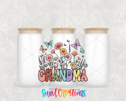 Floral Grandma frosted glass tumbler group view with lids and straws