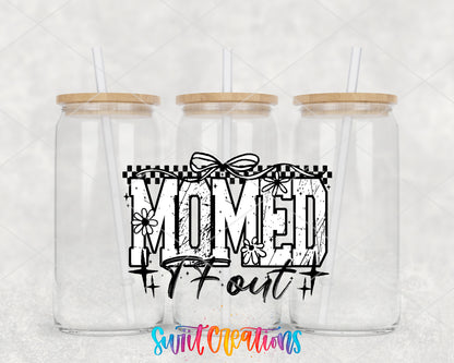 Mommed the F Out clear glass tumbler group mockup with bamboo lids and straws