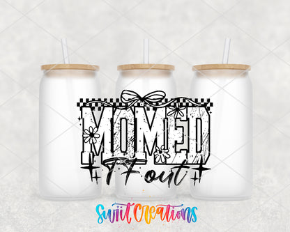 Mommed the F Out frosted glass tumbler group view with lids and straws