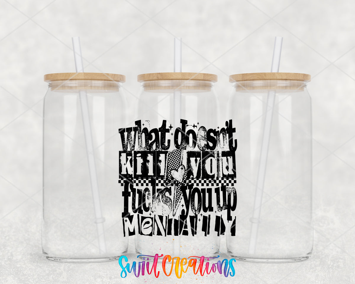 What Doesn't Kill You clear glass tumbler group mockup with bamboo lids and straws