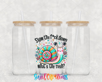 Slow the Fuck Down clear glass tumbler group mockup with bamboo lids and straws