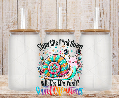 Slow the Fuck Down frosted glass tumbler mockup with bamboo lids and straws