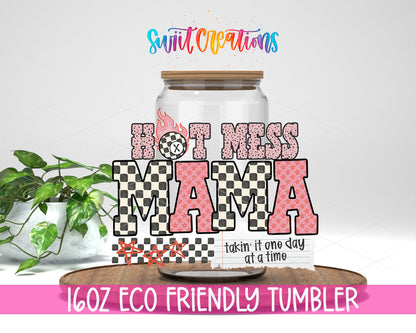 Hot Mess Mama design on a 16 oz clear glass tumbler with bamboo lid