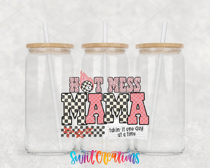 Hot Mess Mama clear glass tumbler group mockup with bamboo lids and straws