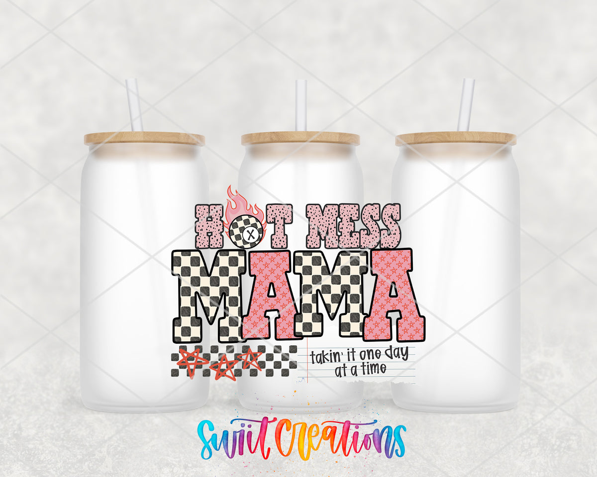 Hot Mess Mama frosted glass tumbler group view with lids and straws