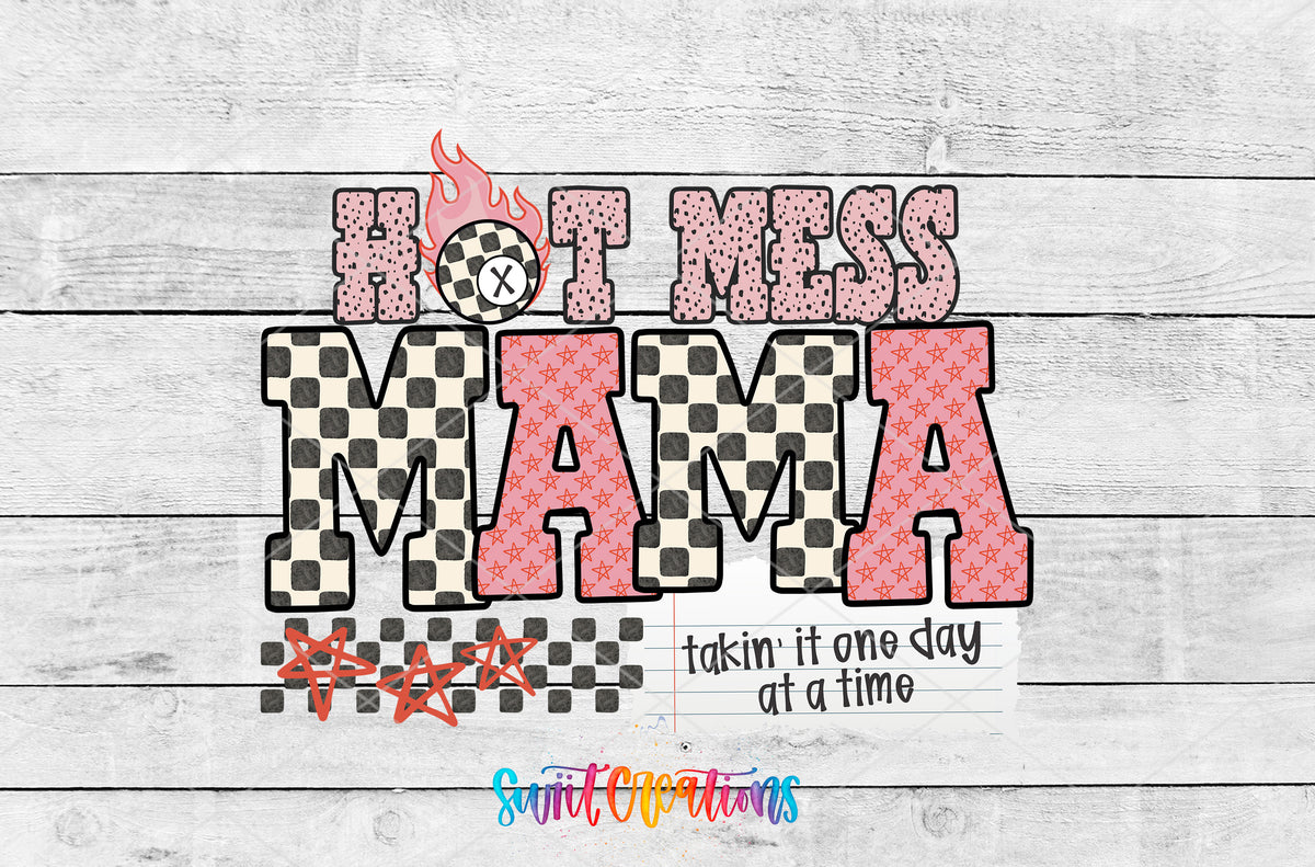 Hot Mess Mama artwork detail for the finished 16 oz tumbler