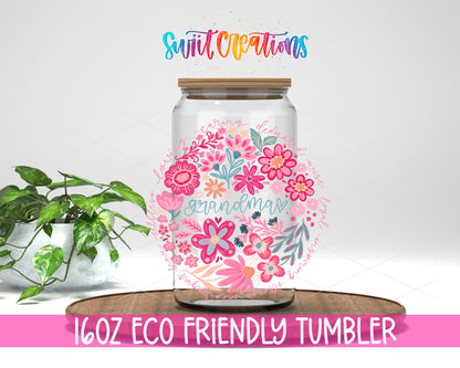Grandma design on a 16 oz clear glass tumbler with bamboo lid