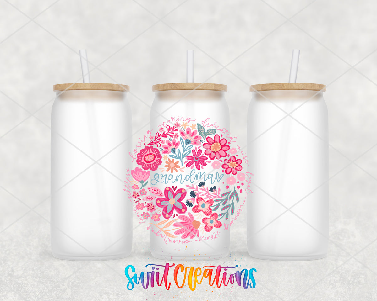 Grandma frosted glass tumbler group view with lids and straws