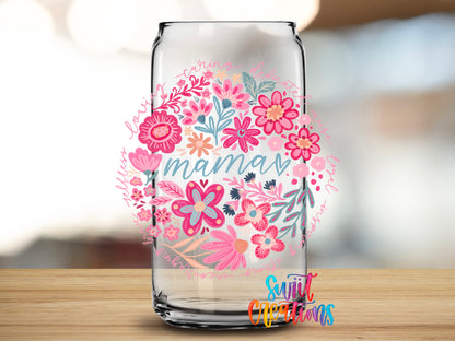 Mama design close-up on a clear glass can tumbler