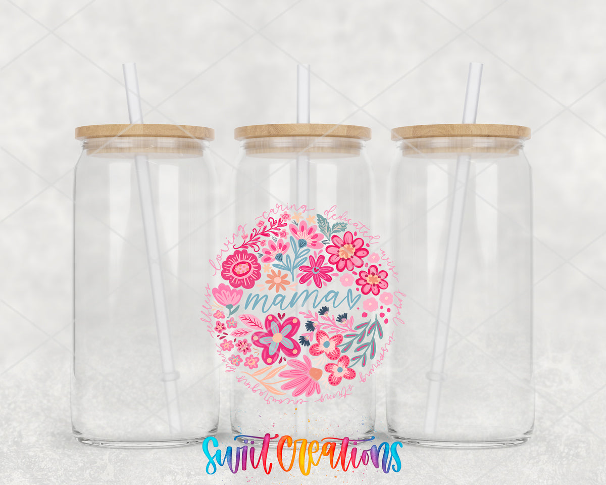 Mama clear glass tumbler group mockup with bamboo lids and straws