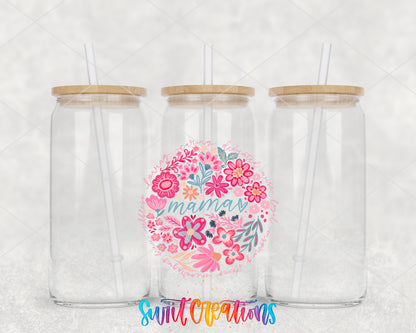 Mama clear glass tumbler group mockup with bamboo lids and straws