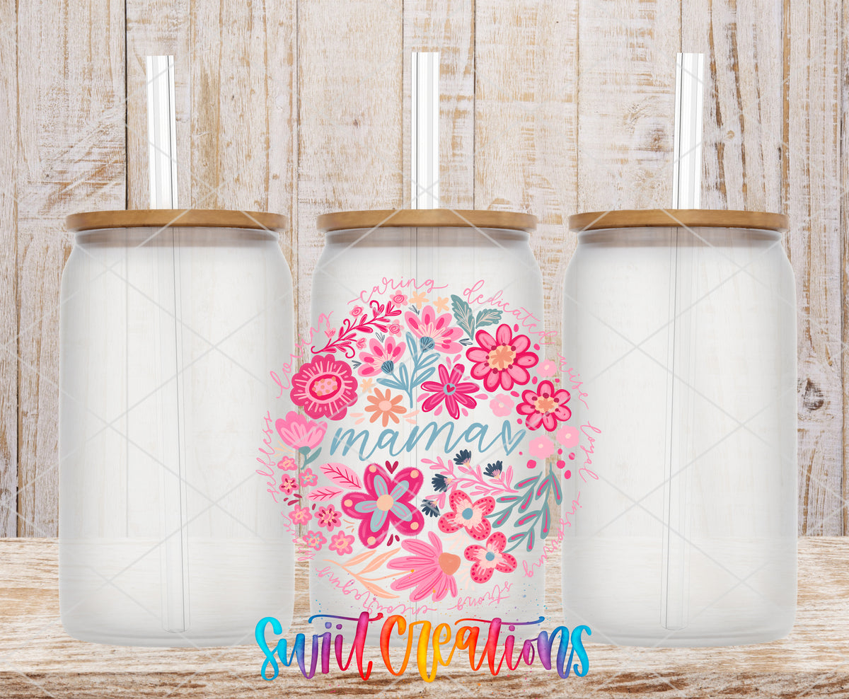 Mama frosted glass tumbler mockup with bamboo lids and straws