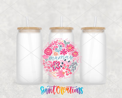 Mama frosted glass tumbler group view with lids and straws