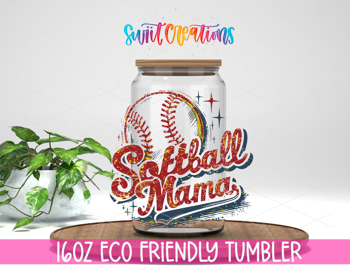 Retro Softball Mama design on a 16 oz clear glass tumbler with bamboo lid