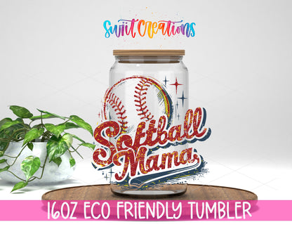 Retro Softball Mama design on a 16 oz clear glass tumbler with bamboo lid