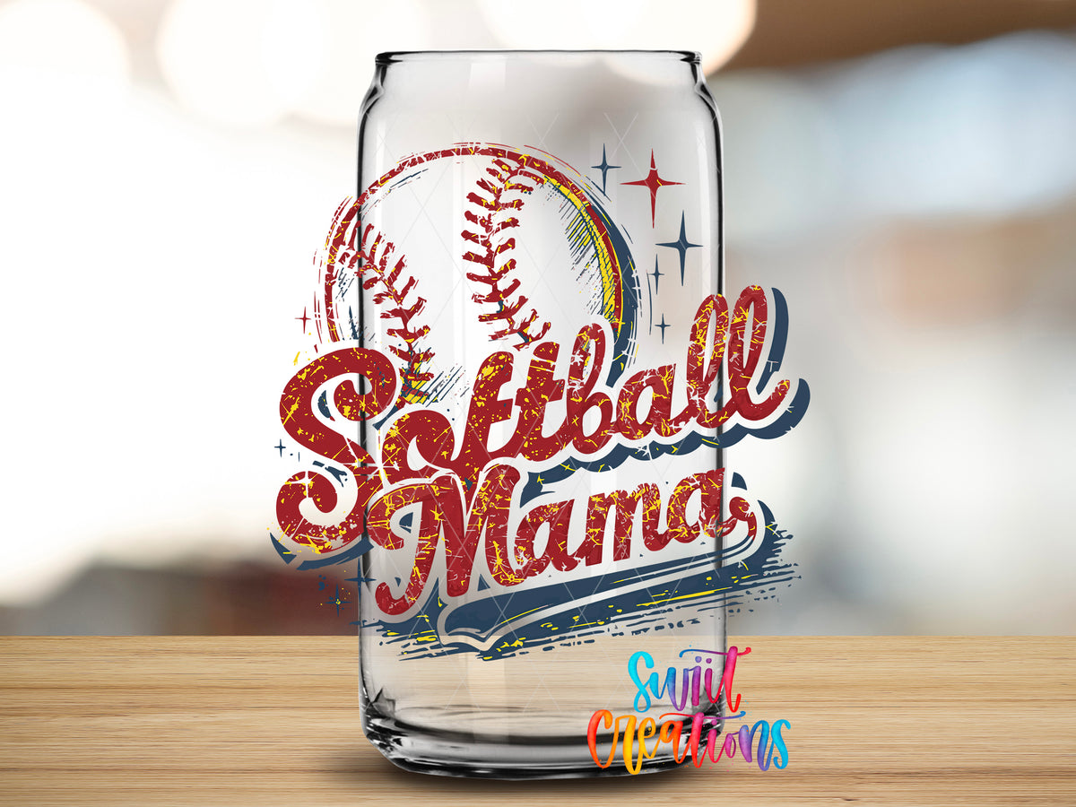 Retro Softball Mama design close-up on a clear glass can tumbler