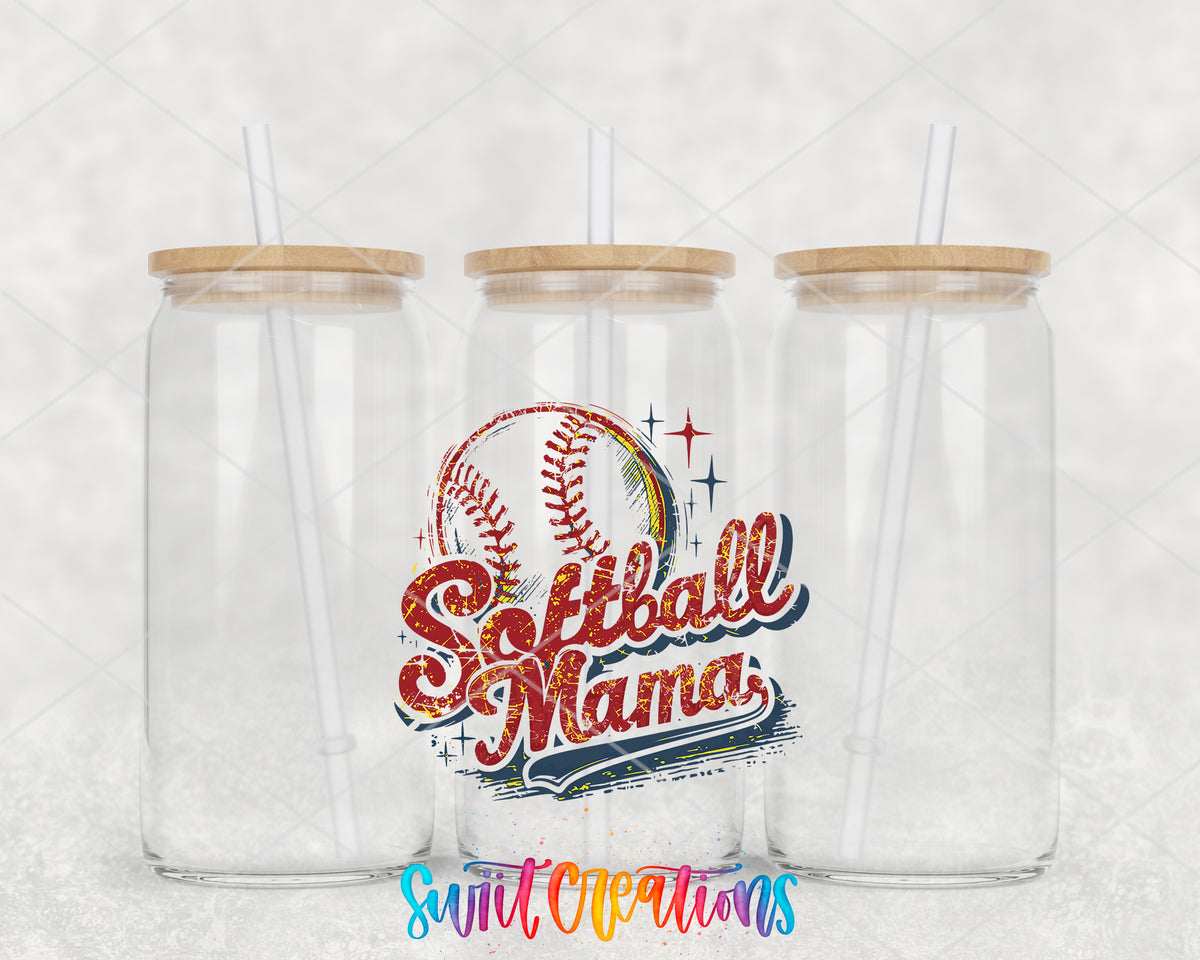 Retro Softball Mama clear glass tumbler group mockup with bamboo lids and straws