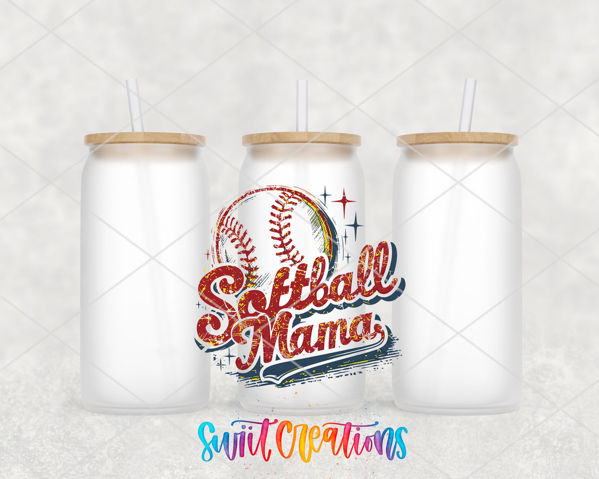 Retro Softball Mama frosted glass tumbler group view with lids and straws