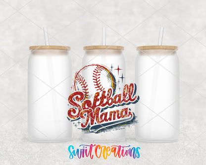 Retro Softball Mama frosted glass tumbler group view with lids and straws