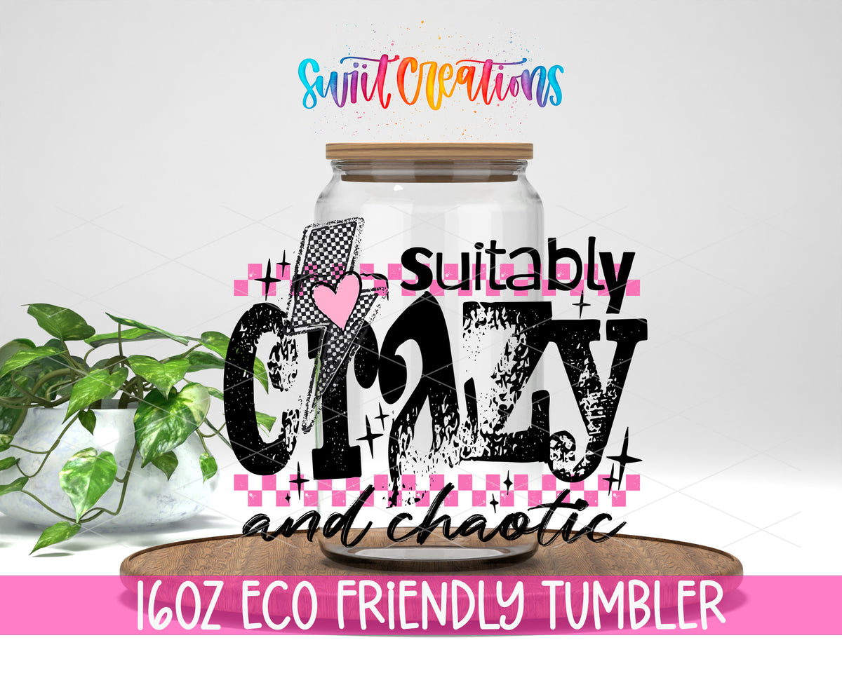 Suitably Crazy and Chaotic design on a 16 oz clear glass tumbler with bamboo lid