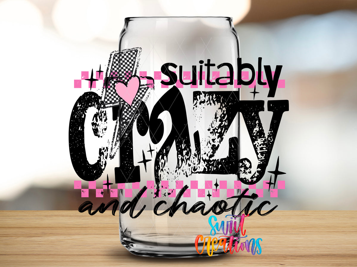 Suitably Crazy and Chaotic design close-up on a clear glass can tumbler