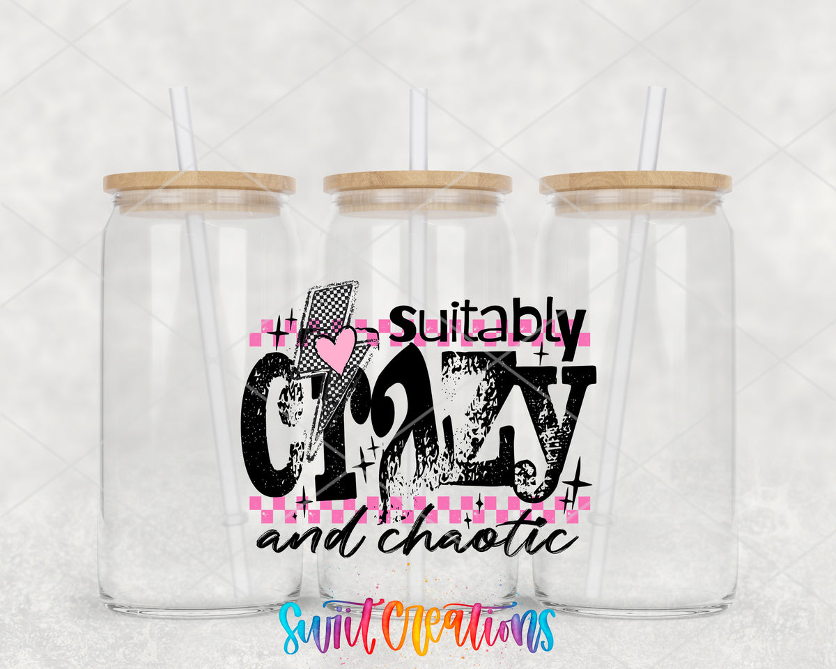 Suitably Crazy and Chaotic clear glass tumbler group mockup with bamboo lids and straws