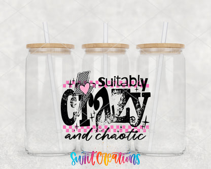 Suitably Crazy and Chaotic clear glass tumbler group mockup with bamboo lids and straws