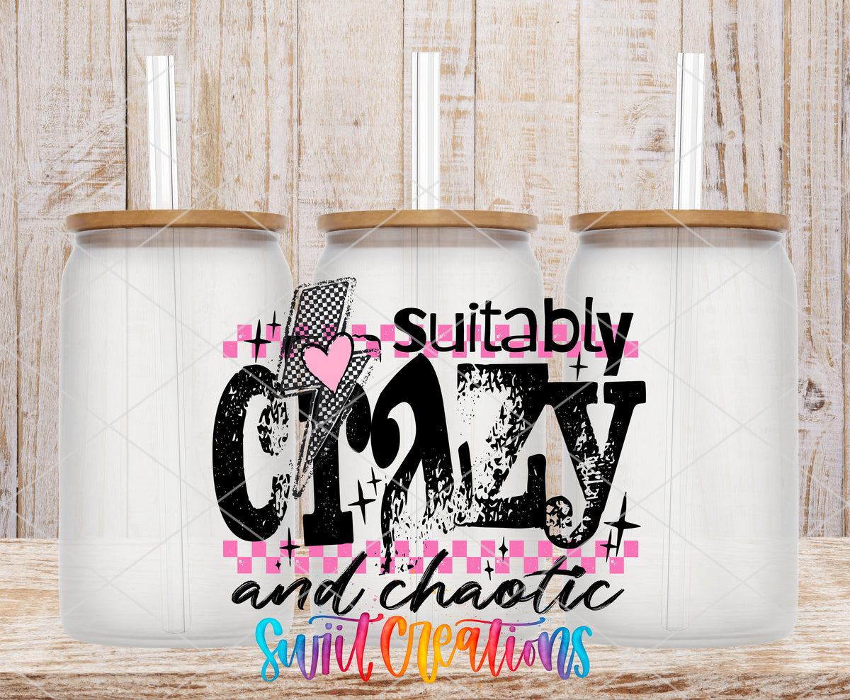 Suitably Crazy and Chaotic frosted glass tumbler mockup with bamboo lids and straws
