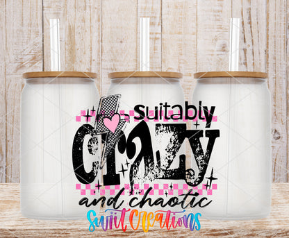 Suitably Crazy and Chaotic frosted glass tumbler mockup with bamboo lids and straws