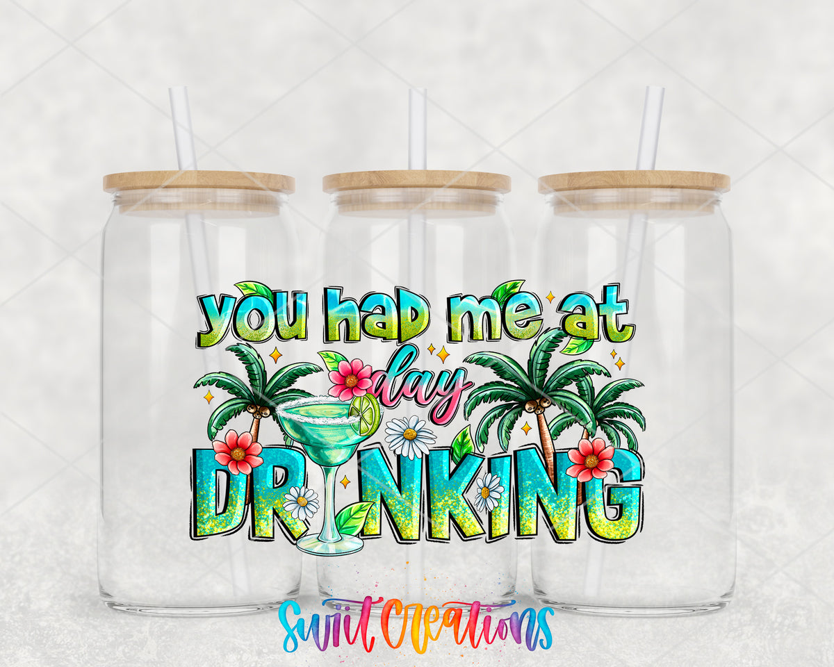 You Had Me at Day Drinking clear glass tumbler group mockup with bamboo lids and straws
