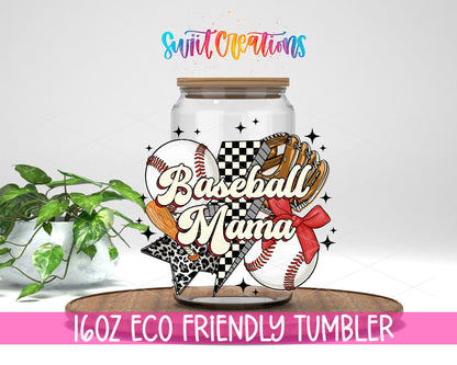 Baseball Mama design on a 16 oz clear glass tumbler with bamboo lid