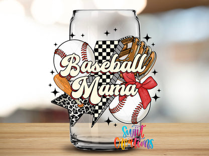 Baseball Mama design close-up on a clear glass can tumbler