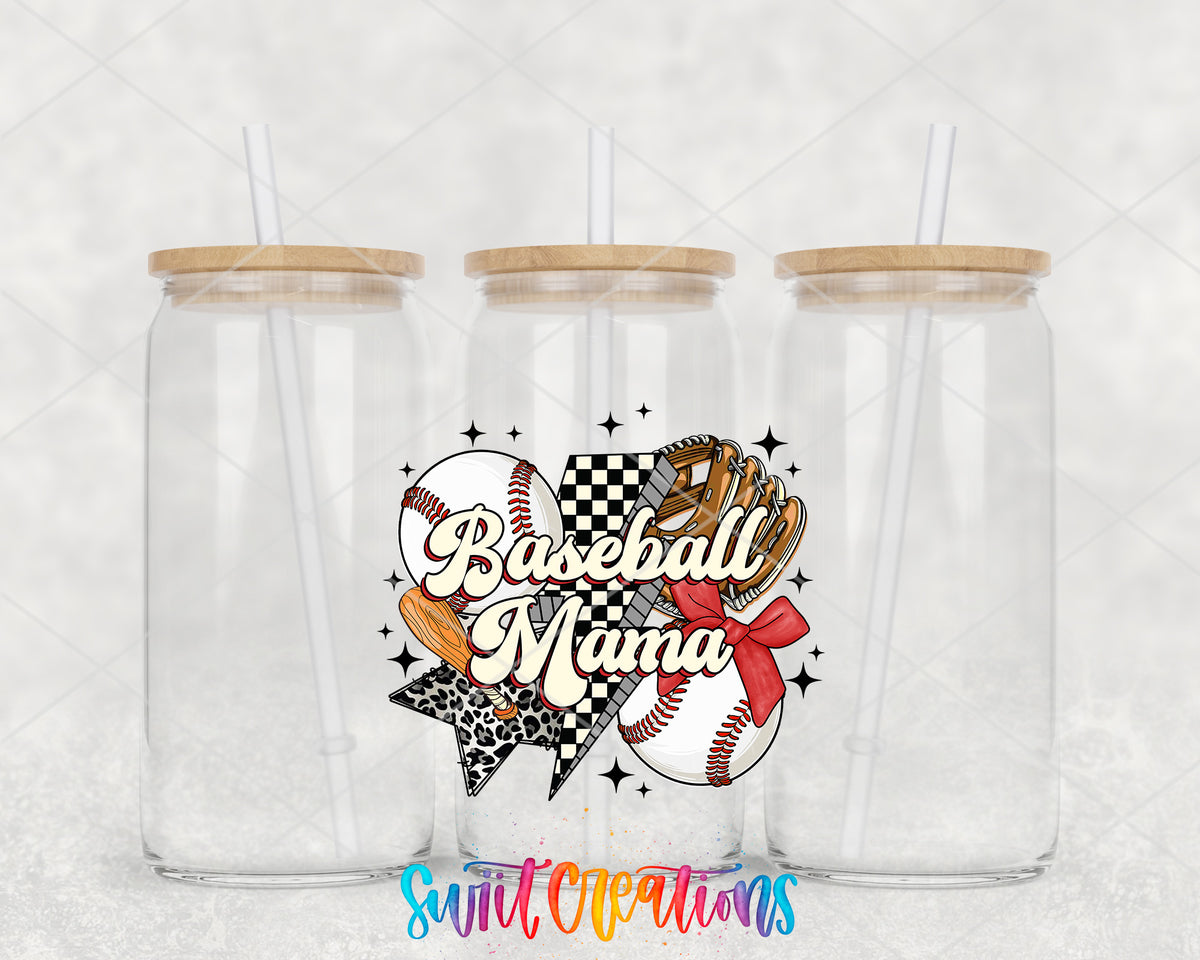 Baseball Mama clear glass tumbler group mockup with bamboo lids and straws